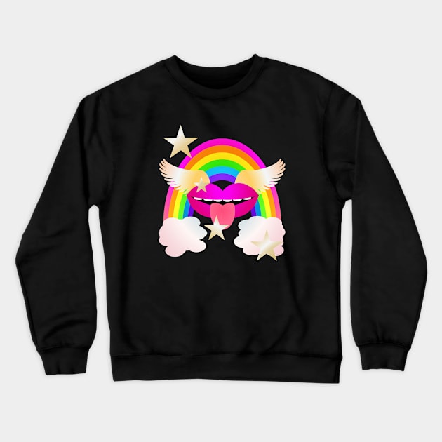 Groovy Winged Lips, Rainbow and Stars - PINK Crewneck Sweatshirt by RawSunArt